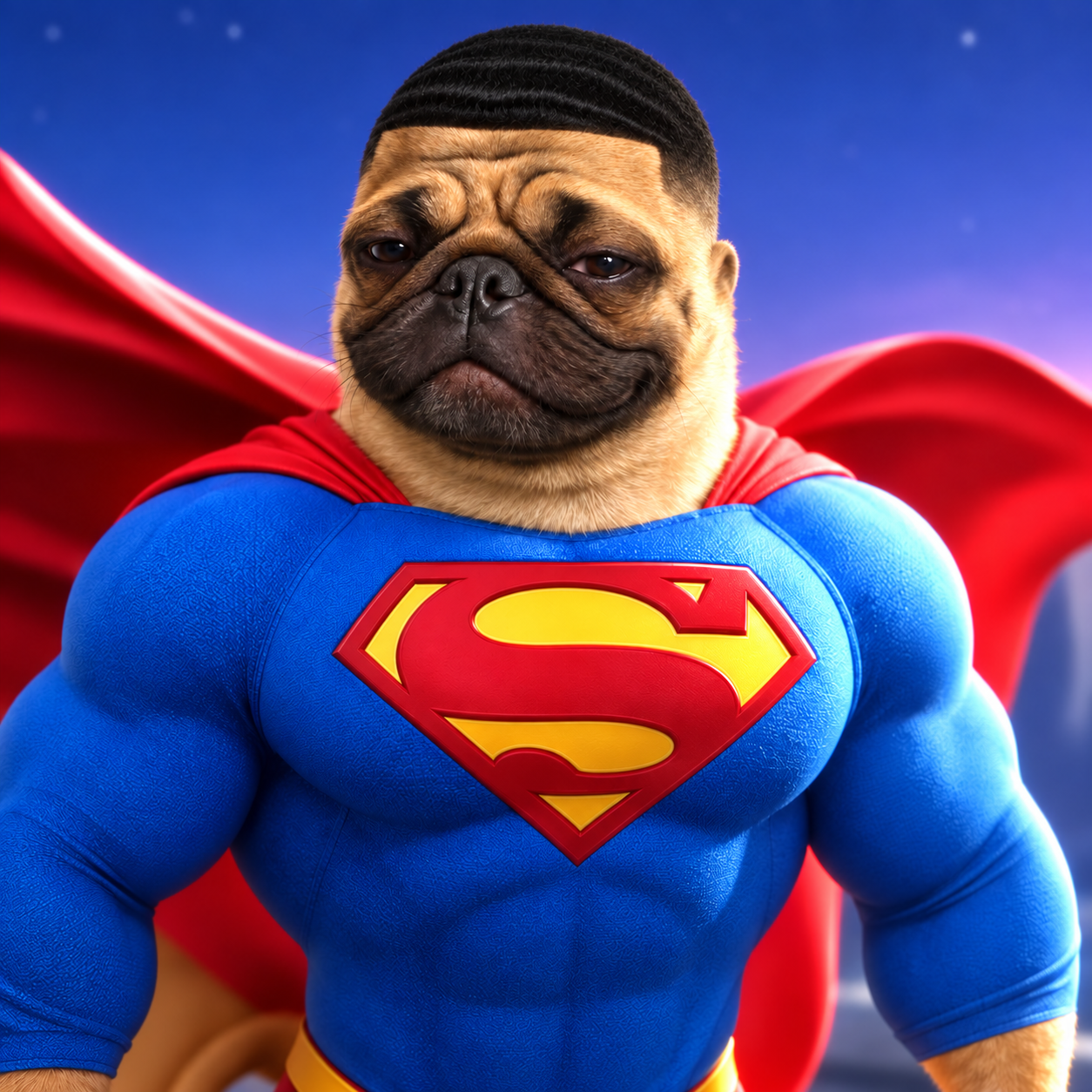 Super Pug with black wavy hair, an unimpressed expression, a blue superhero suit and a red cape